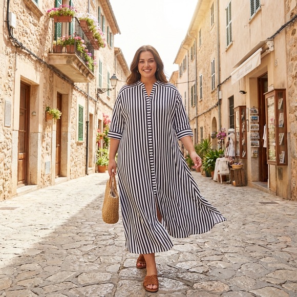 Dresses & Skirts - Black & White Vertical Stripe Maxi Shirt Dress / Duster